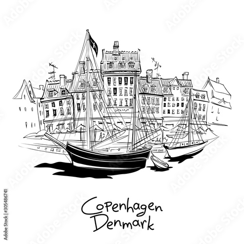 Vector black and white sketch of Nyhavn with facades of old houses and old ships in the Old Town of Copenhagen, capital of Denmark.