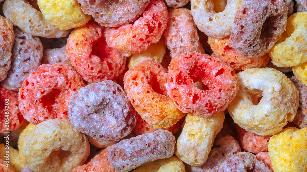 close up Colorful Fruit Loops Cereal macro photography texture background close up Colorful Fruit Loops Cereal macro photography texture background