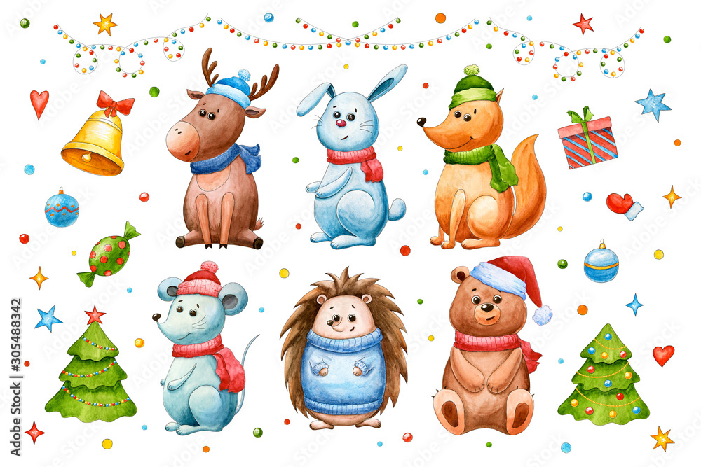 Watercolor New year's set with mouse, hare, fox, bear, deer, hedgehog. Christmas and New year. Cartoon elements and animals. Cute character. Hand drawn toys. Christmas tree. Greeting card. Stars, gift