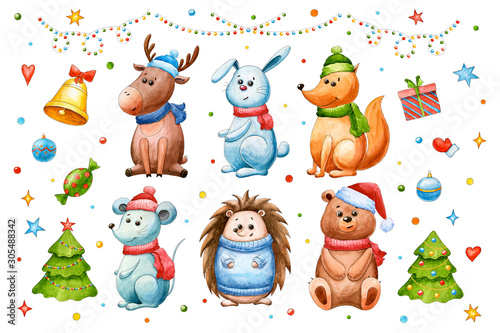 Fototapeta Naklejka Na Ścianę i Meble -  Watercolor New year's set with mouse, hare, fox, bear, deer, hedgehog. Christmas and New year. Cartoon elements and animals. Cute character. Hand drawn toys. Christmas tree. Greeting card. Stars, gift
