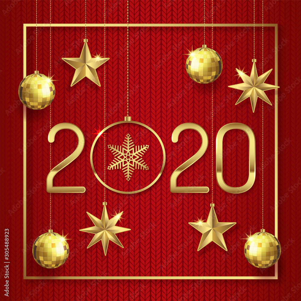 Merry christmas and happy new year 2020 banner template hanging stars, frame and golden glitter balls decoration for flyers, poster, web and card vector illustration Merry christmas and happy new year 2020 banner template hanging stars, frame and golden glitter balls decoration for flyers, poster, web and card vector illustration