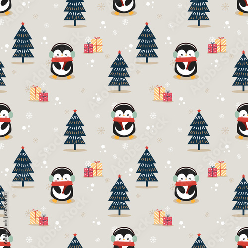 Cute penguin in Christmas season seamless pattern