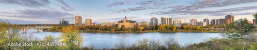 Panorama view of Saskatoon, Canada cityscape over river