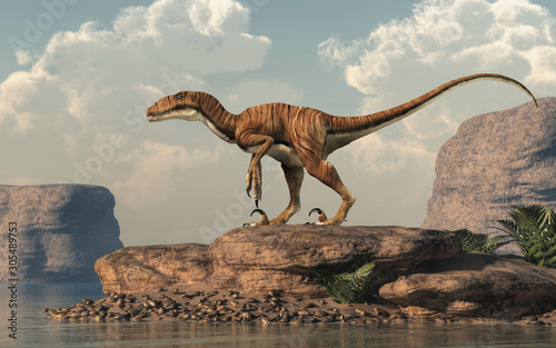 Deinonychus is a theropod dinosaur, a cousin of velociraptor, that lived during the Cretaceous. Here depicted with no feathers bay an arid lake. 3D Rendering