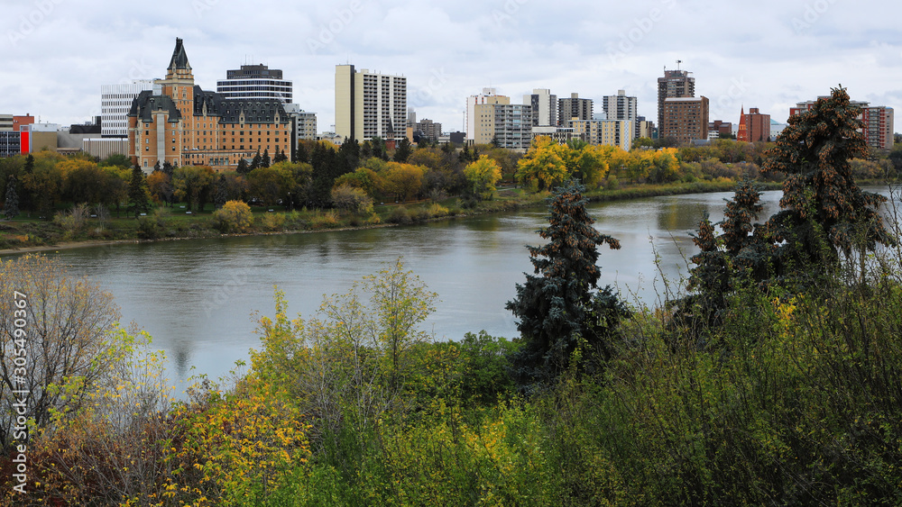 View of Saskatoon, Canada downtown by river
