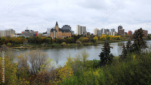 View of Saskatoon, Canada skyline by river