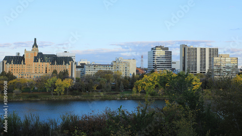 Scene of Saskatoon, Canada cityscape over river