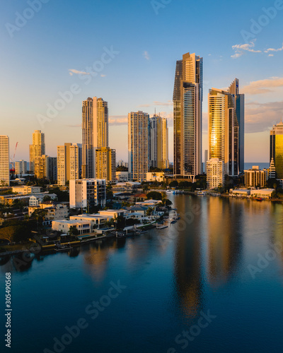 Aerial view of Brisbane skyline in Australia during sunset. photo