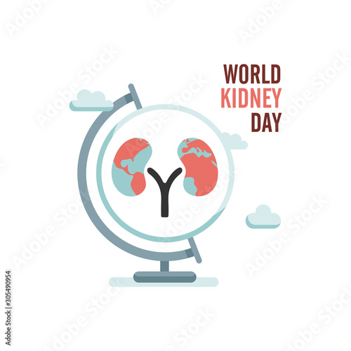 World kidney day with earth globe and clouds. Vector illustration