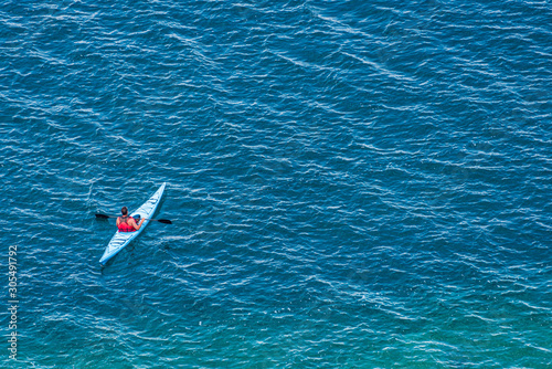 aerial photo of kayaker on lake