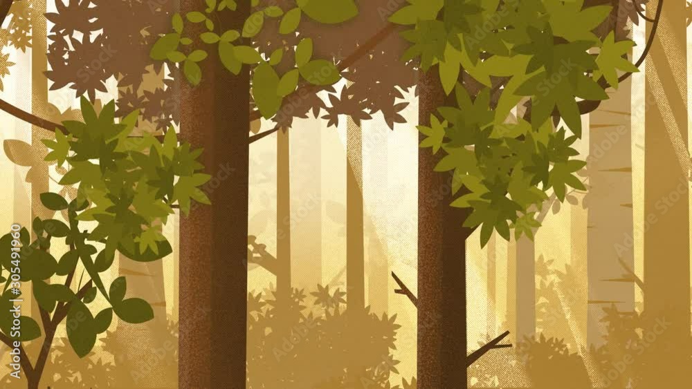 Changing Seasons Forest Close-up Daytime Panning Shot. Loop-ready animation. Hand drawn, painterly styled animated illustration.