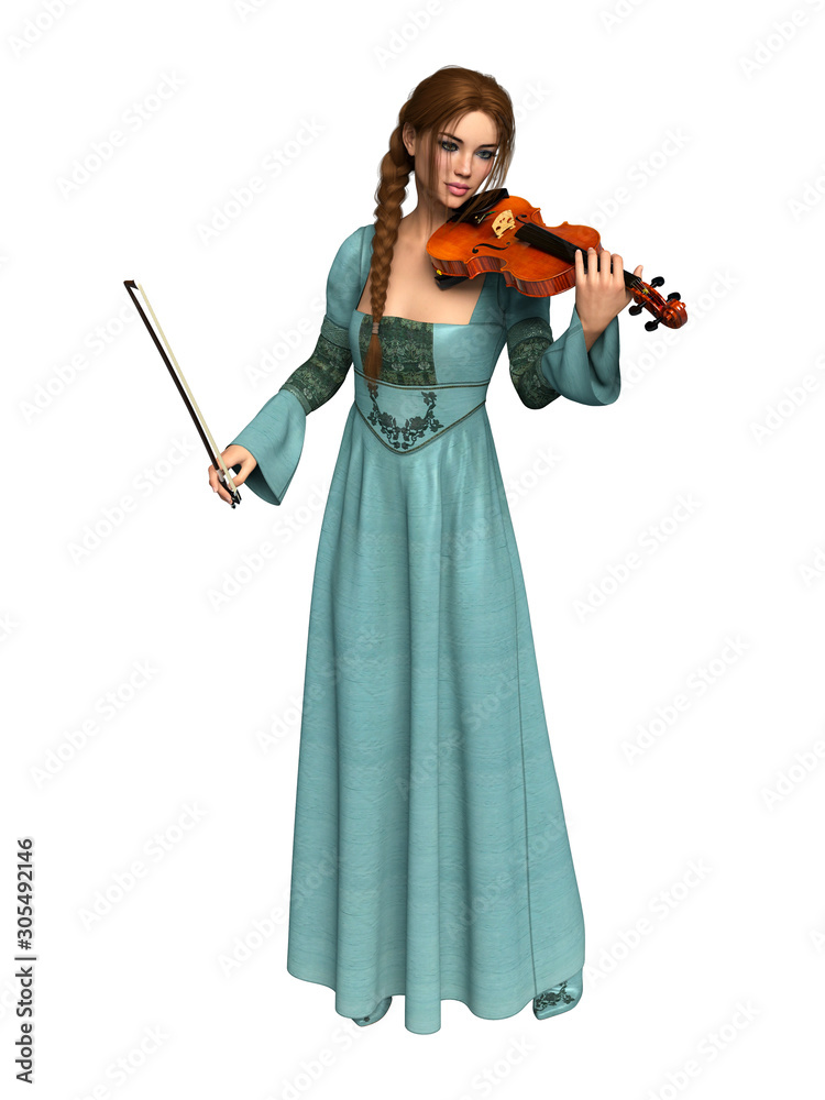 Youg woman in historical dress, playing violin. Isolated on white. 3D rendering.