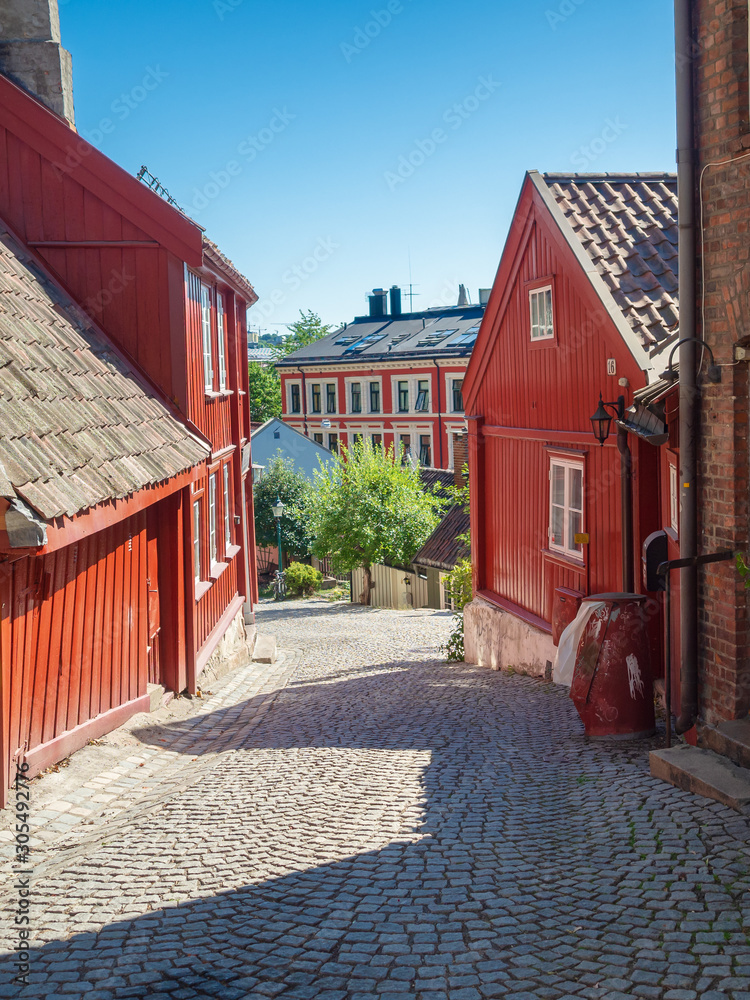 Wooden house in the old quarter of Damstredet and Telthusbakken in Oslo, Norway