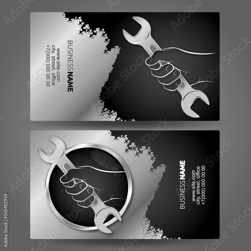 Business card concept handyman wrench in hand for repair