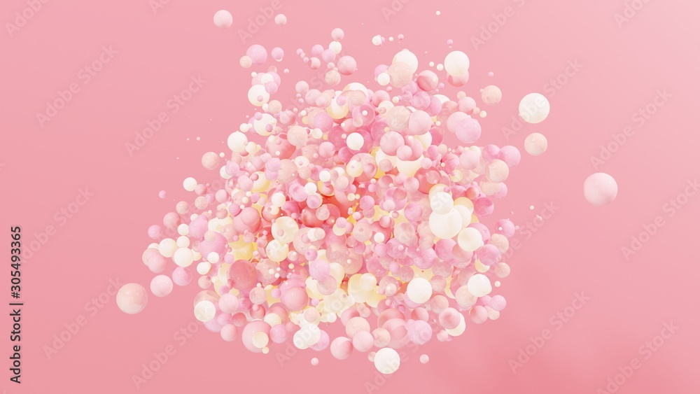 Dynamic colorful bouncing balls for party, festival, celebration. Group of balls, bubbles on pastel  background. Digital, trend, conceptual banner for Valentine's Day with copy space - 3D, render.