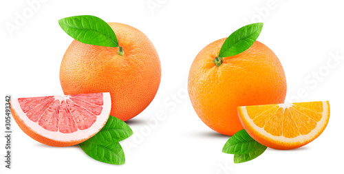 Fresh orange, grapefruit and slice with leaf