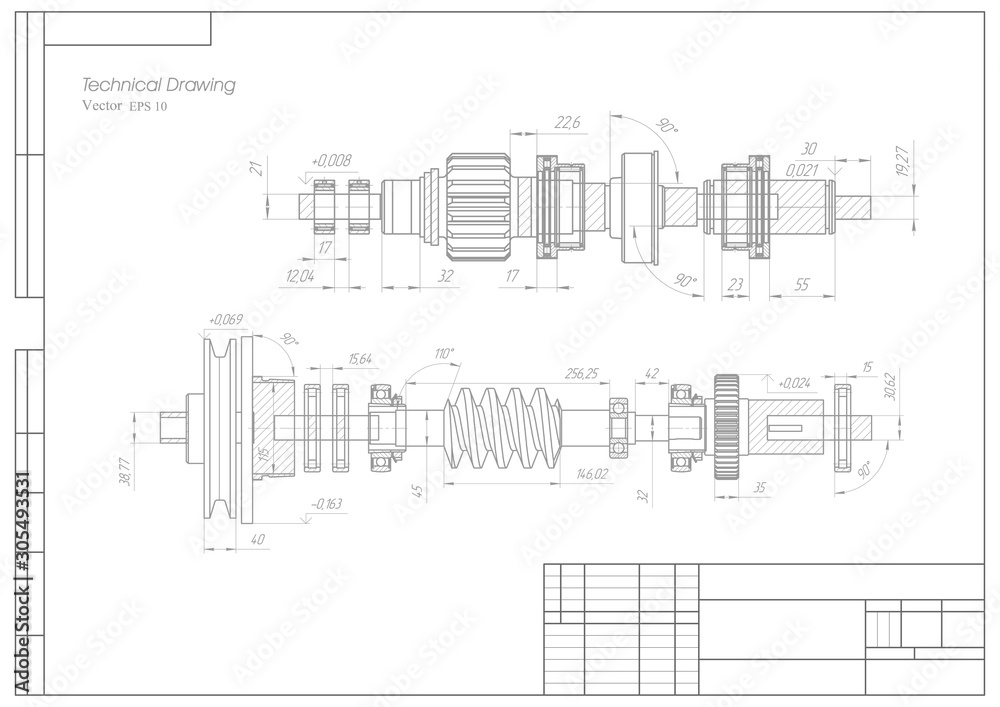  Technical drawing on a white background .Frame for drawing .Rotating mechanism of round parts .vector illustration .