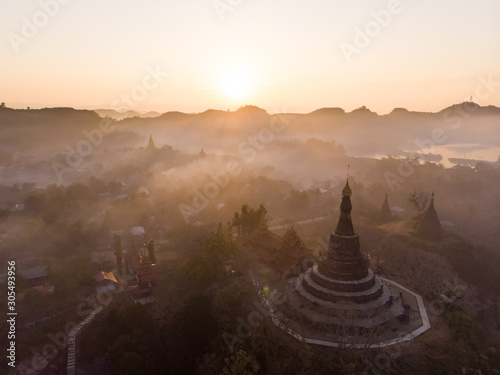 Aerial view of Mrauk-U pagoda in Myanmar. photo