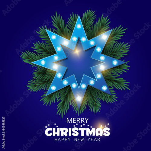 Retro Christmas lighr frame with tree branches. Realistic Christmas tree. Nappy new year. Vector design for banner, post