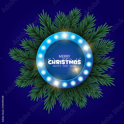 Retro Christmas lighr frame with tree branches. Realistic Christmas tree. Nappy new year. Vector design for banner, post