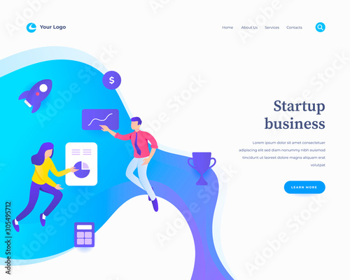 Startup business concept workflow flying or levitation people and interaction with social media icons