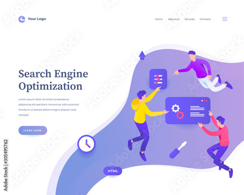 Search engine optimization concept workflow flying or levitation people and interaction with social media icons