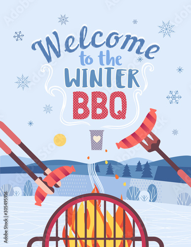 Winter BBQ welcome invitation vector poster