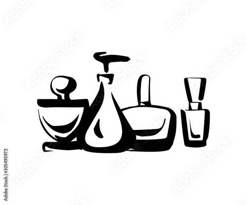 Perfume fragrance bottle sketch on white background
