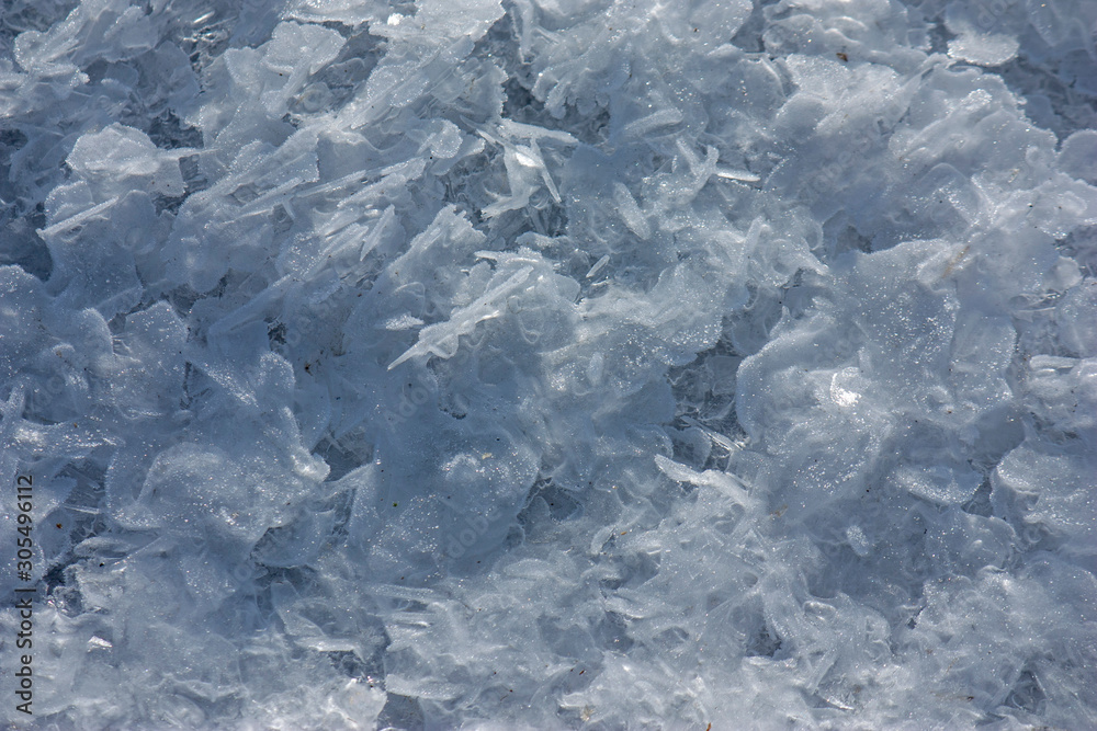 Texture of snow with ice closeup outdoors