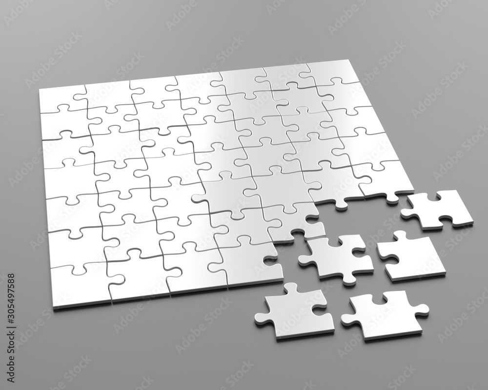 Solving jigsaw puzzle. 7x7 pieces puzzle mockup. 3d illustration  ilustración de Stock | Adobe Stock