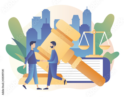 Law and Justice Concept. Justice scales, judge building and judge gavel. Tiny men make a deal. Supreme court. Modern flat cartoon style. Vector illustration