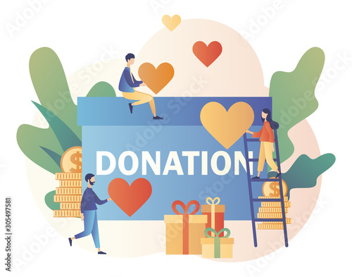 Donation and volunteers work concept. Tiny people help charity and sharing hope. Modern flat cartoon style. Vector illustration