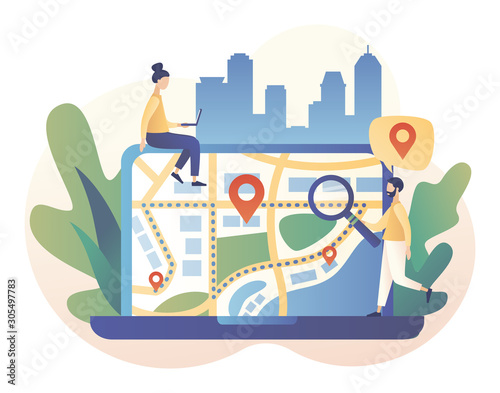 GPS navigation concept. Tiny people search on location. Online map. We have moved. Modern flat cartoon style. Vector illustration