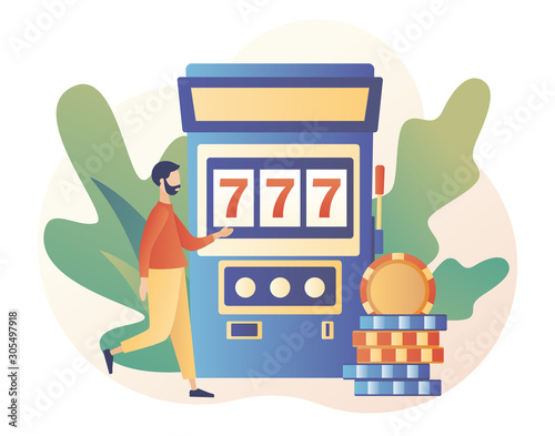 Casino and Gambling Concept. Tiny man gaming gambling games. People play Slot Machine. Modern flat cartoon style. Vector illustration