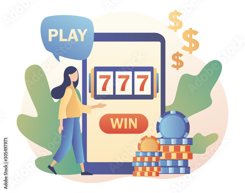 Internet Casino and Gambling Concept. Tiny girl gaming online games on smartphone. People play online Slot Machine. Modern flat cartoon style. Vector illustration