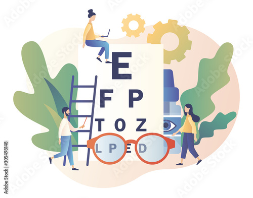 Ophthalmology concept. Eye check up. Ophthalmologist checks patient sight. Modern flat cartoon style. Vector illustration