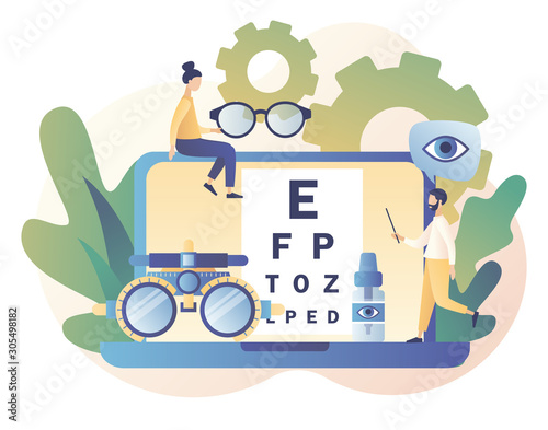 Ophthalmology concept. Eye check up. Ophthalmologist checks patient sight. Modern flat cartoon style. Vector illustration