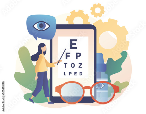 Ophthalmology concept. Eye check up. Ophthalmologist checks patient sight. Modern flat cartoon style. Vector illustration