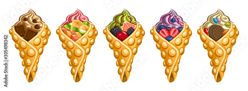 Vector set of Hong Kong Waffles, 5 cut out illustration of delicious bubble waffles on white background, collection of asian ice creams in waffle cones stuffed fruits ingredients for street cafe menu.