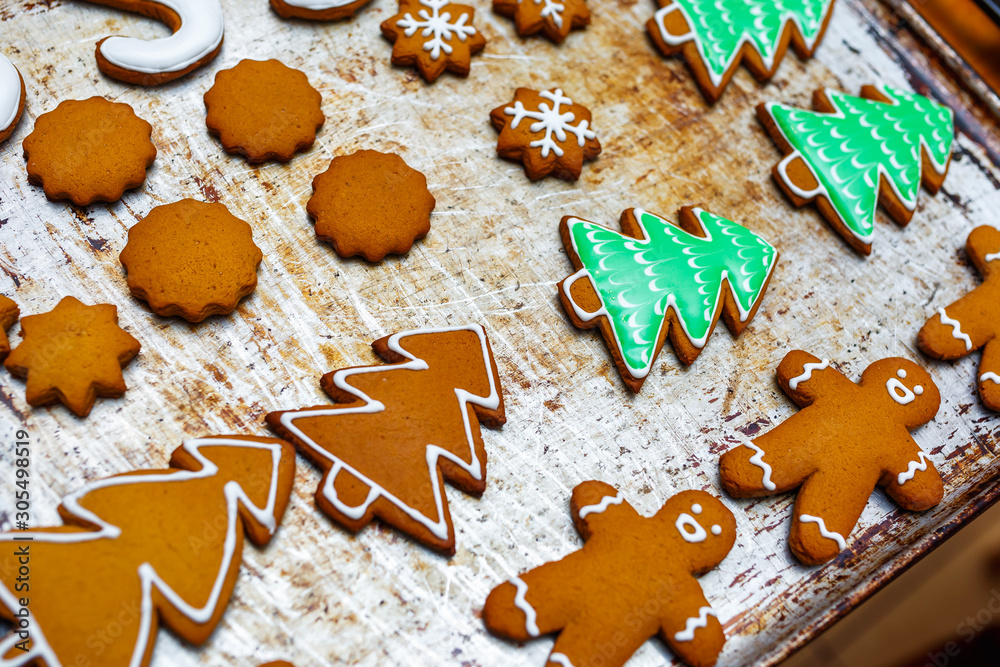 Handmade decorating of festive gingerbread cookies in the form of stars, snowflakes, people, socks, staff, mittens, Christmas trees, hearts for xmas and new year holiday. preparation for holidays Handmade decorating of festive gingerbread cookies in the form of stars, snowflakes, people, socks, staff, mittens, Christmas trees, hearts for xmas and new year holiday. preparation for holidays