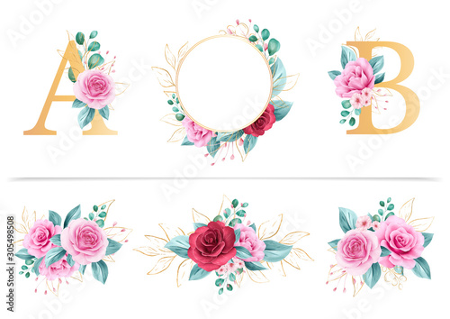 Watercolor floral bundle of floral frame, floral alphabet, and floral arrangements