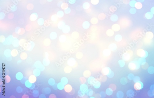 Bokeh pattern vignette blue lilac iridescent. Xmas glitter abstract template. Miracle glow on holiday empty background. Blurry texture.