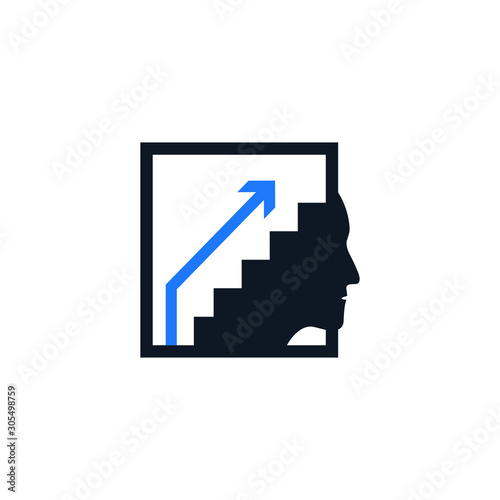 Human head profile and ladder. Cognitive self improvement psychology education icon concept, growth mindset. Personal potential development. Vector illustration