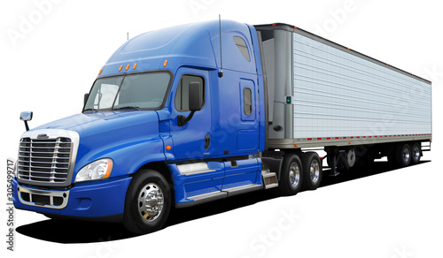 Big truck Freightliner Cascadia with blue cab Isolated on a white background.