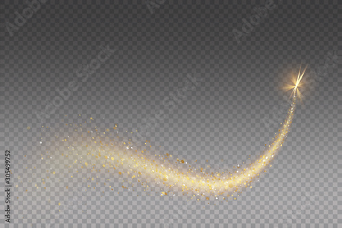 Vector golden sparkling falling star. Stardust trail. Cosmic glittering wave.