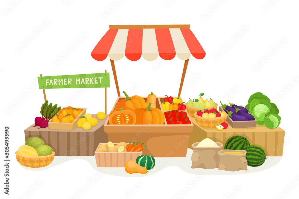 Vegetable fruit local farmer market in cartoon style Stock Vector | Adobe  Stock