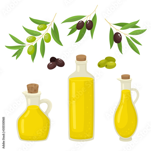 Olive branches and oil glass bottle jug isolated on white
