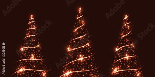 Vector Christmas and New Year design for gift card, advertisment, banners. Shining fir trees made of golden lights, glow and sparkles on dark orange background.