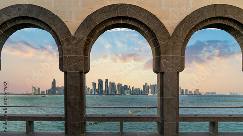 Doha skyline through as seen from Museum of Islamic art, Doha, Qatar photo