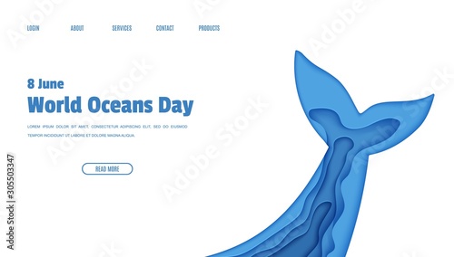 Web page design template World Ocean Day June 8 concept in paper cut style. Tail fin in the wavy form papercut layered. Vector ecological concept the Earth posters, World Water Day, eco brochures.